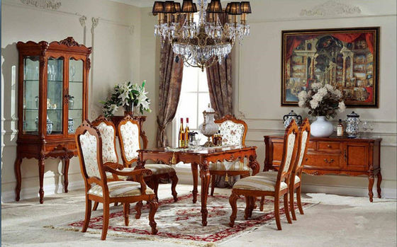 ISO9001 French Antique Wood Dining Chairs Hand Carved Classic Wood Dining Table