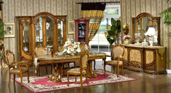 Drewniany rzeźbiony kwiat 6-osobowy stół i krzesła do jadalni ISO14001 European Antique