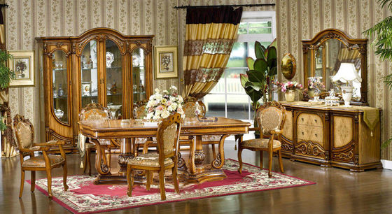 Drewniany rzeźbiony kwiat 6-osobowy stół i krzesła do jadalni ISO14001 European Antique
