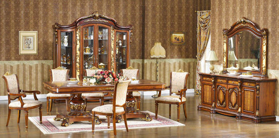 Drewniany rzeźbiony kwiat 6-osobowy stół i krzesła do jadalni ISO14001 European Antique